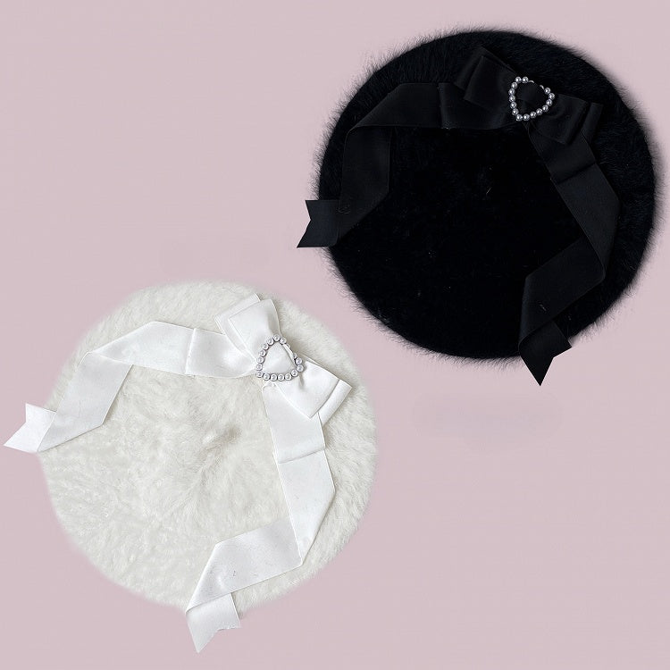 Jirai Kei Schwarz/Weiße Plüschbaskenmütze mit Schleifendetails