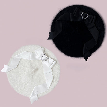 Jirai Kei Schwarz/Weiße Plüschbaskenmütze mit Schleifendetails