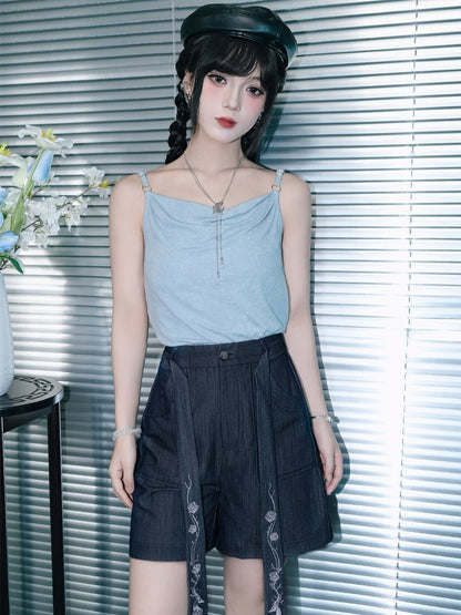 Black Denim-Effect Wide-Leg Shorts with Detachable Chinese Style Embroidered Ribbon - Quirky Hut