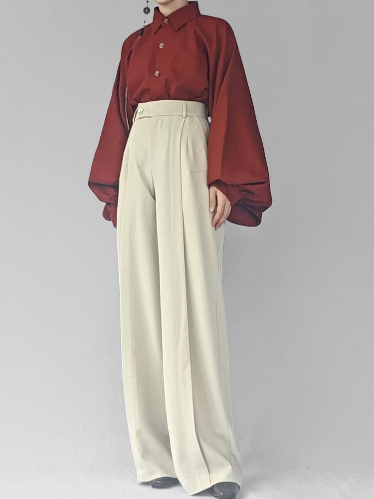 Pants Partial Elastic Waistband Cut Style with Beige in Unisex Chinese Straight-leg