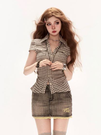 フェードウォッシュレーストリムブラックローウエストヴィンテージデニムスカート