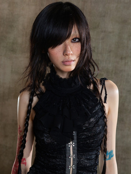 Vintage Gothic with Adjustable Tie Jabot Back Multi-Layer Lace Black