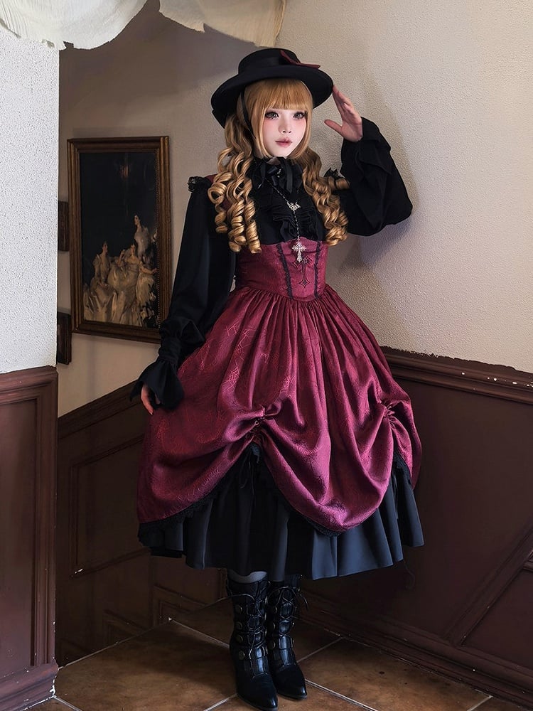 Waist Lolita Gothic Straps Drawstring Cross JSK Basque Dress and Red Shoulder Embroidery with Lace-Trimmed