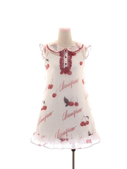 Cherry Print Organza Red Belt Bow Overdress+White Set Dress+Red Pan Slip Peter Collar