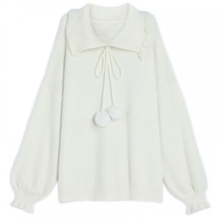 Pompons Decorated Pullover White Sweater
