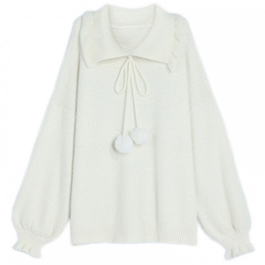 Pompons Decorated Pullover White Sweater