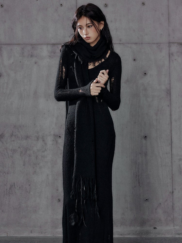 Black Long Sleeve Distressed Dress with Cutout Cross Back - Low pixel