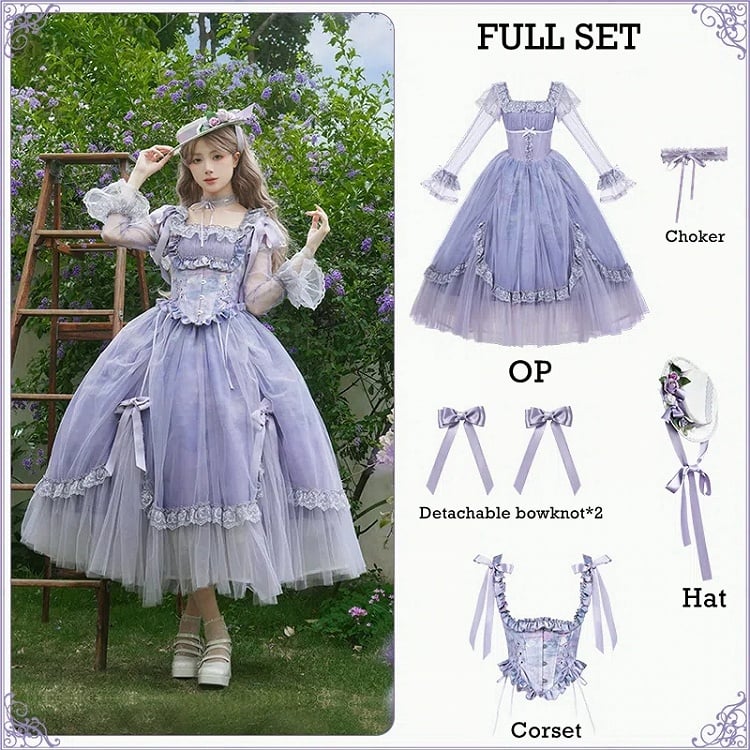 Purple Oil Painting Print Square Neck Lolita OP Dress - With PUJI
