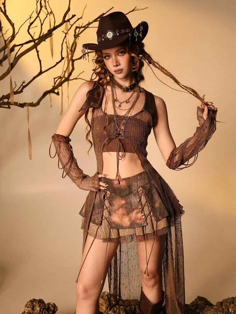 Brown Lace-Up Denim Skirt with Pleats and Shorts - Virtual Orbit