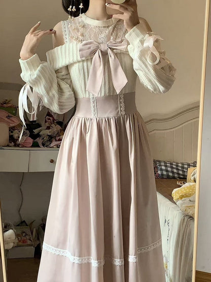 Maxi with Crossed Kei Illusion Sleeves Jirai Tie Pink Shoulder Dress Aesthetic Soft Light - Neck Open