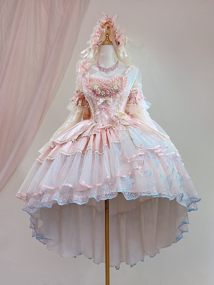 Hem Short Pink Lolita with Embroidery Version High-low Dress Corset Hanayome Floral Waist Layered