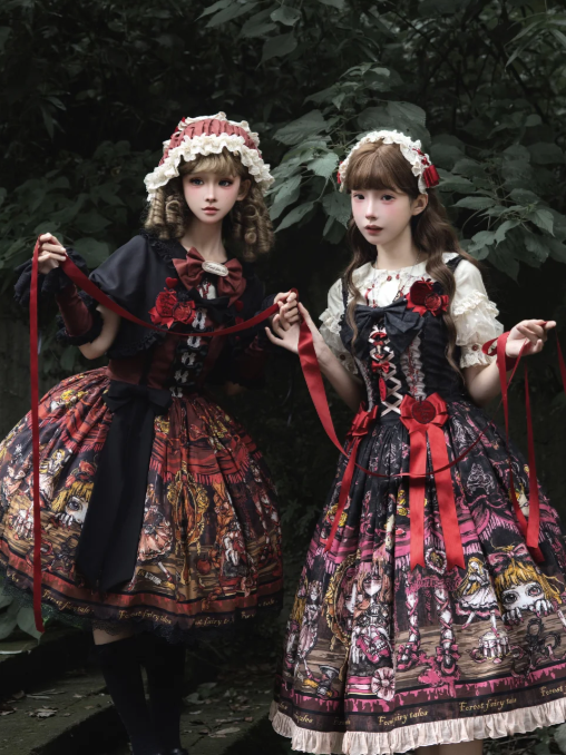 Red Shoes Story Black Red Faux Two-Piece Lolita OP Gown with Bows - Forest Fairy Tales