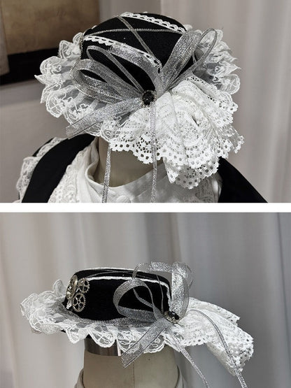 Black White Lace Mini Hat with Silver Bow - Castle Too