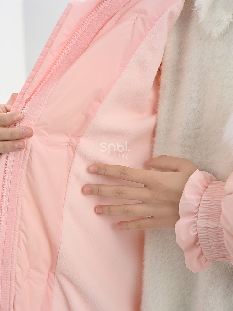 Rosa Daunenmantel mit Kapuze, Schleife und Horn-Knopf