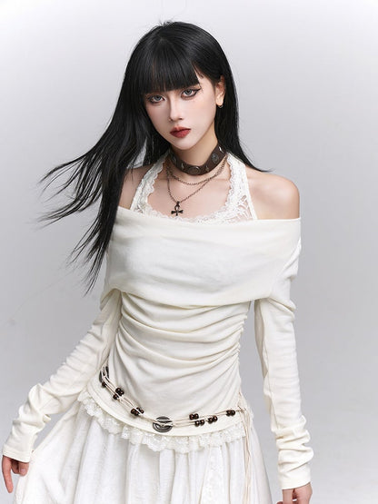 Halter Two-Piece Apricot with Lace Trim Light Faux Gothic Off-shoulder Top