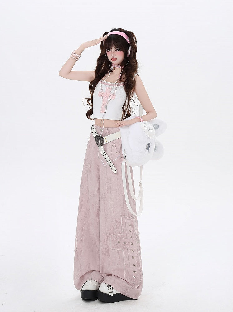 Studded Cross Appliques Wide-Leg Jeans Waist Light Pink Low