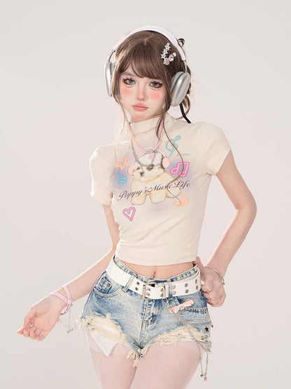 T-shirt with Adorable Puppy Print Apricot Mock Neck Crop