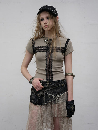 T-shirt Greyish with Cross Print Black Accents Punk Necklace Reversible Green Lace