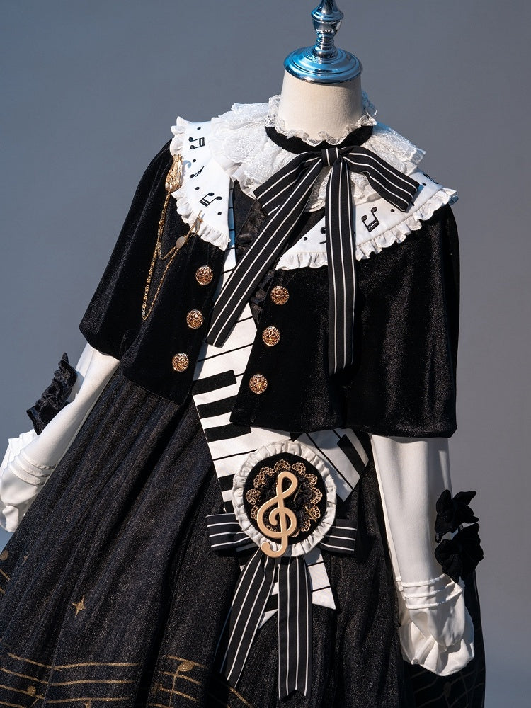 Musical Note Print Black and White Long Sleeves Lolita OP Full Set