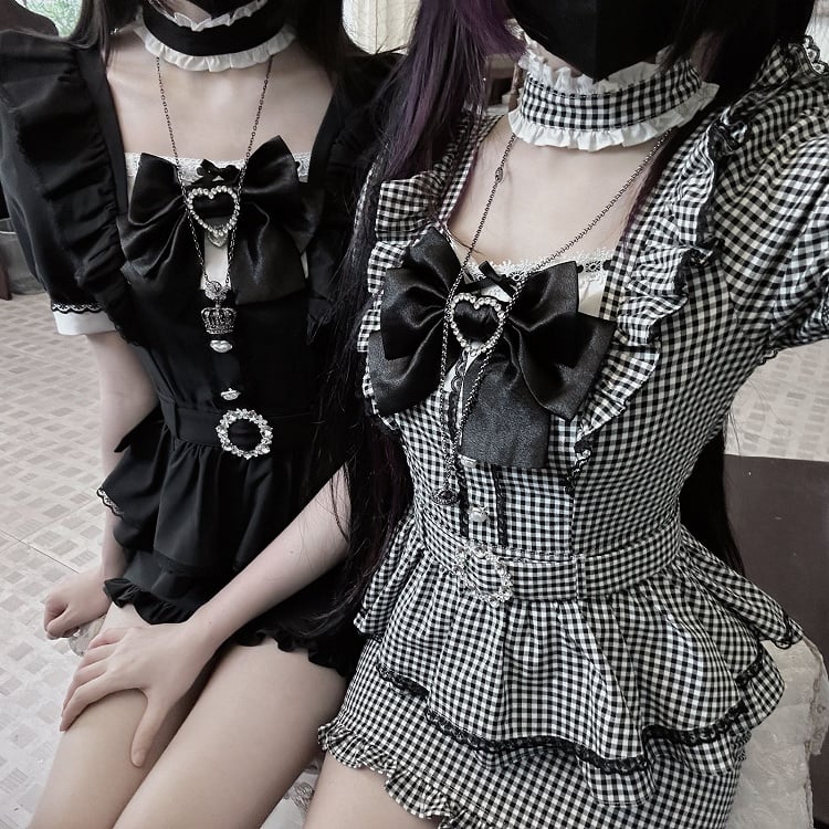 Black Elegance Bodycon featuring Kei Jirai Dress: Defining Plaid Ruffles Ladylike Puff