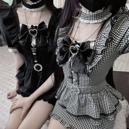 Black Elegance Bodycon featuring Kei Jirai Dress: Defining Plaid Ruffles Ladylike Puff