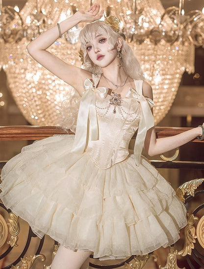 Layered Decorated Skirt Corset Top Rhinestone Tulle Jacquard + Champagne Set