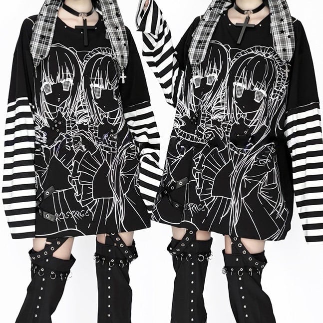 Striped Top Shoulder Black Zip-Adjustable White Jirai Printed Cutout Kei Girl