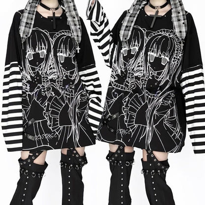 Striped Top Shoulder Black Zip-Adjustable White Jirai Printed Cutout Kei Girl
