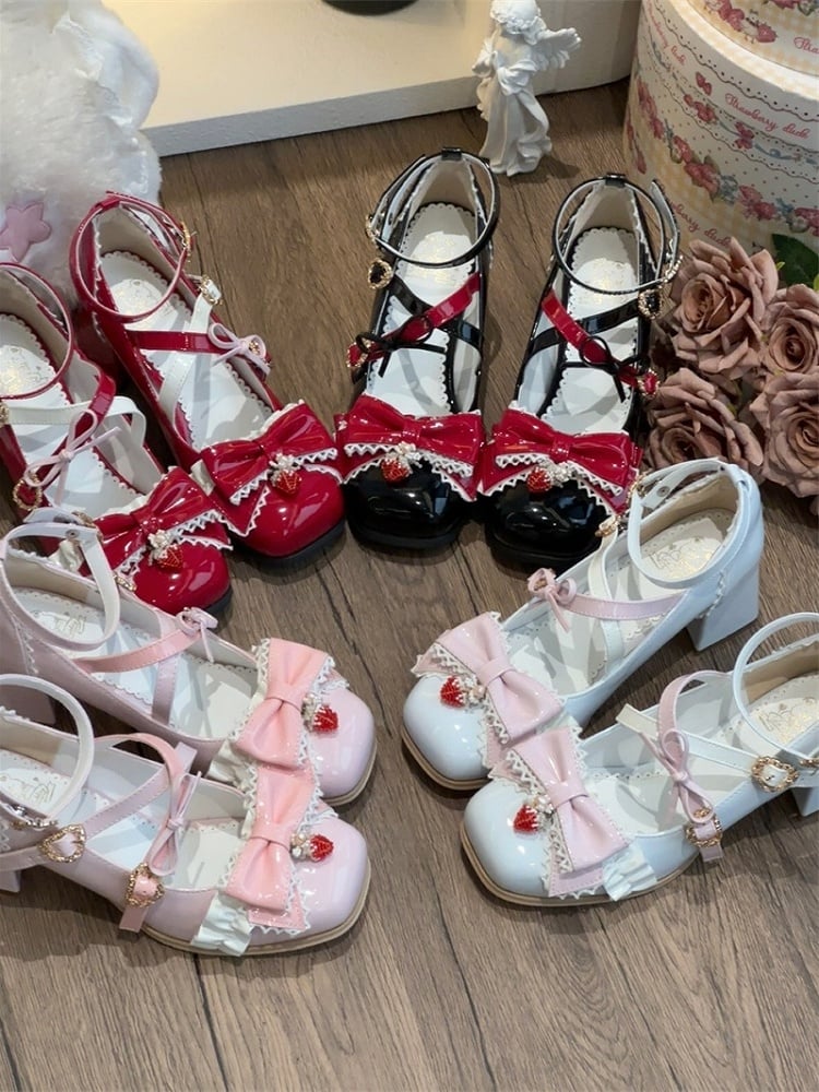 Crisscross Bow Janes Design Charm Square Sweet Toe Red Strawberry - Snap Mary Lolita with Top Heart