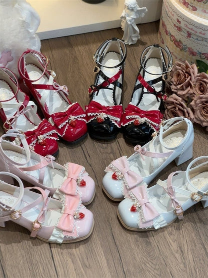 Crisscross Bow Janes Design Charm Square Sweet Toe Red Strawberry - Snap Mary Lolita with Top Heart