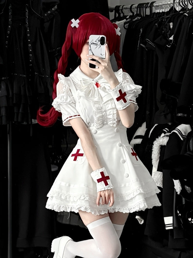 White Lace Blouse & Skirt Set with Straps & Bow - Shi Zhai Xin