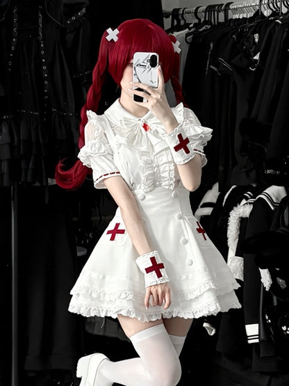 White Lace Blouse & Skirt Set with Straps & Bow - Shi Zhai Xin