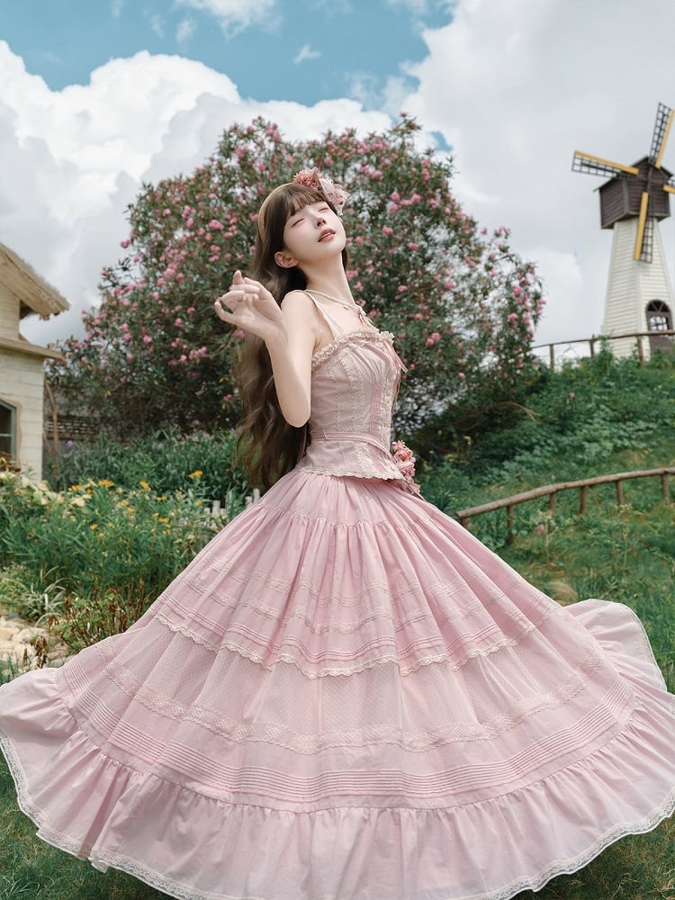 Pink Sweet Button Top with Lace Skirt Set - Penny House