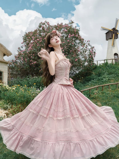 Pink Sweet Button Top with Lace Skirt Set - Penny House