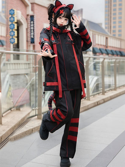 Cyber Outfit Fashion Full Shorts/Pants Warmers Jacket Futuristic Red and Leg Set Black + Striped - Windbreaker