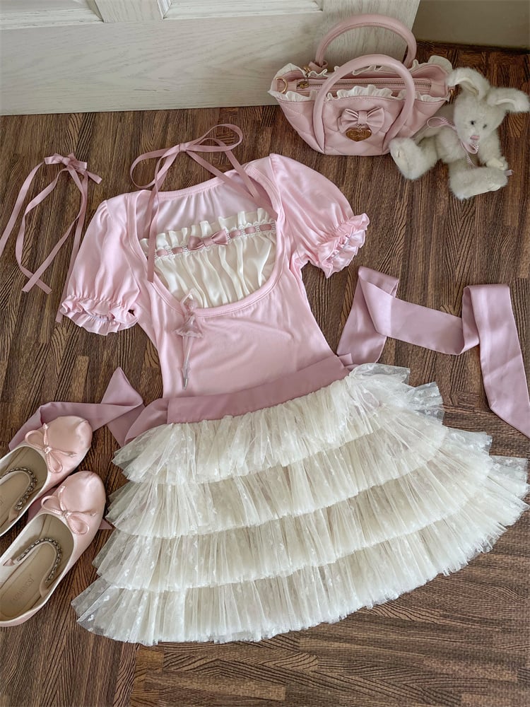 Beige Tüll Balletcore Selbstbinden Stufenrock Schleife mit