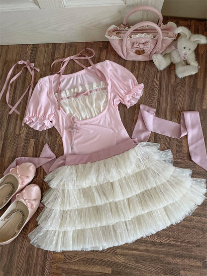 Beige Tüll Balletcore Selbstbinden Stufenrock Schleife mit