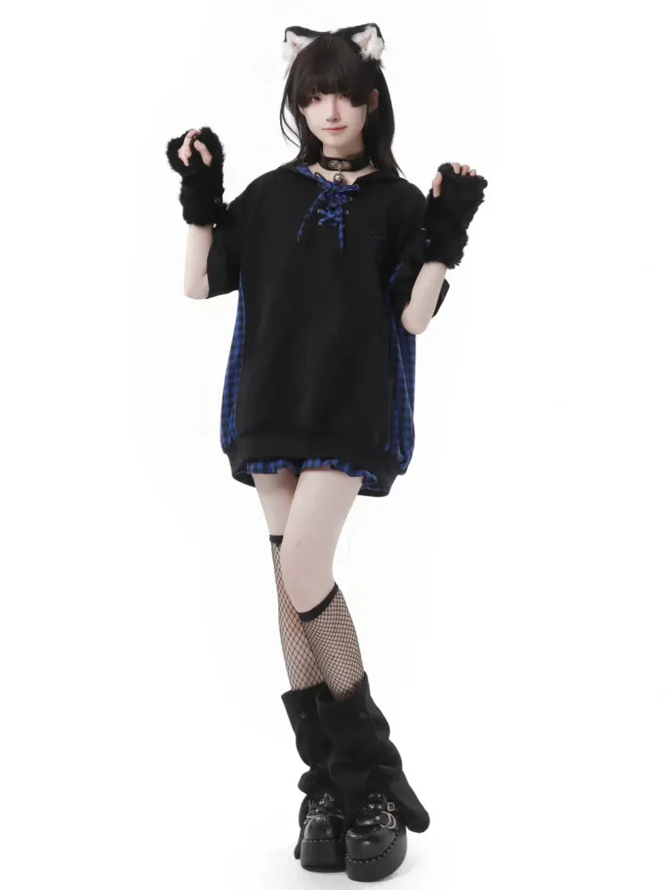 Blue Sleeves Black Short Plaid Hoodie Pattern and Dark