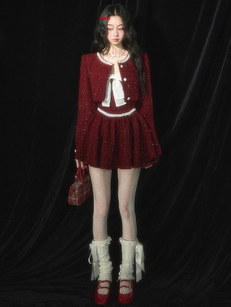 Christmas Red Bead Details Tweed Cropped Jacket