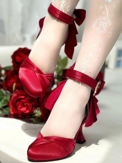 Design Red Classic - Bow Detailing Wine Inspired Sandals Heart Buckle High-heel Lolita