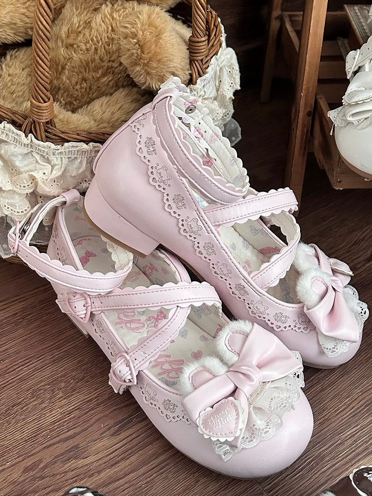 with Pink Mary Bow Adjustable Sweet PU Janes - Buttons Plush Crisscross Snap Heart Lolita Ear Design Bear