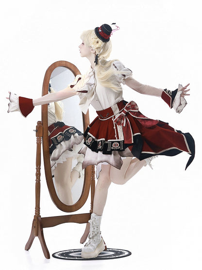 Red Black Juliette Sleeves Preppy Lolita Blouse Asymmetric Skirt Set - Unknown Star