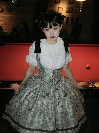 Basque Lolita Bust Jumper Skirt Under Waist Straps Shoulder Green Bowknot