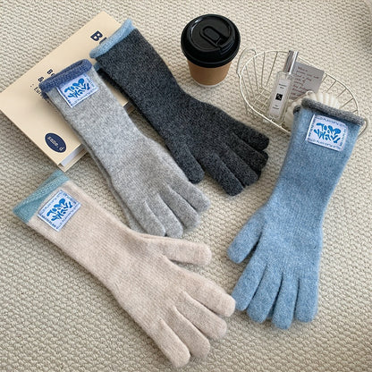 (4 Contrast Wool-Blend Cuffs Gloves Long Knit with Colors)