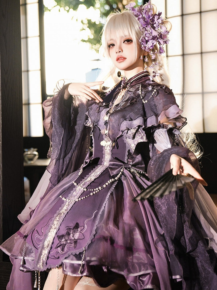 Purple Ruffled Lolita Capelet with Floral Embroidery and Tassel Details - Xiong Dou Jiang