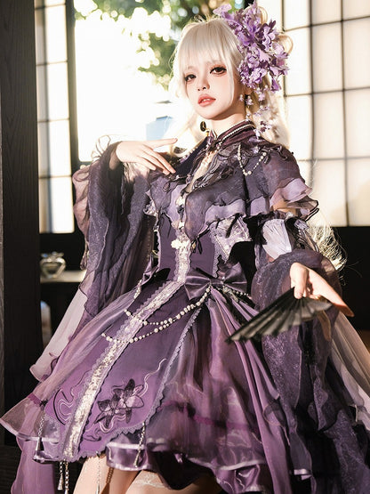 Purple Ruffled Lolita Capelet with Floral Embroidery and Tassel Details - Xiong Dou Jiang