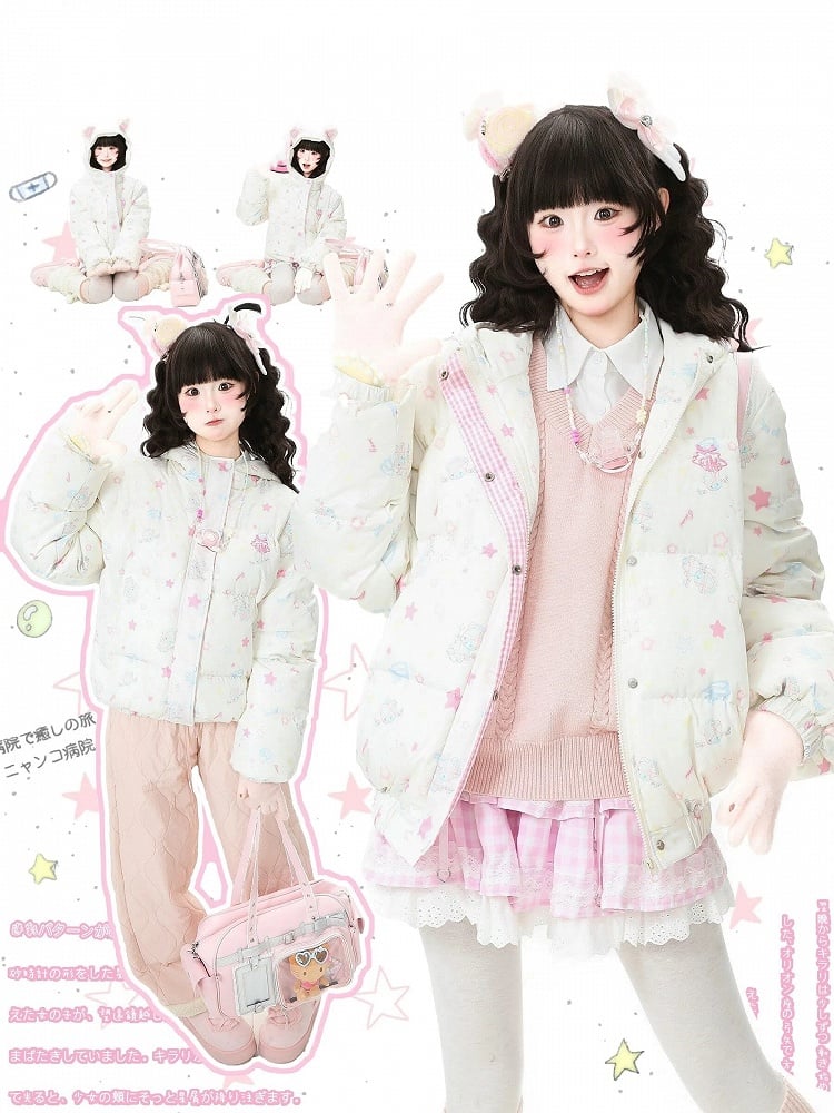 and Blouson Kawaii Daily Jacket White - Bear Patterns Star