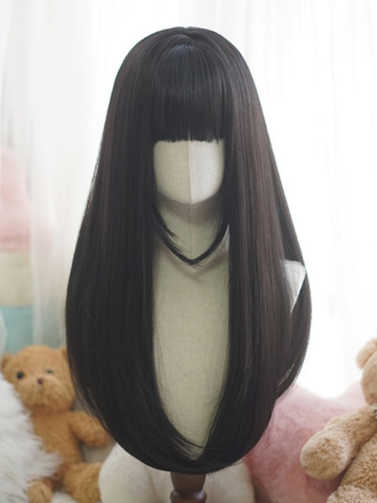 Schwarz/Weiß/Hellblond/Blond/Karamell/Grau Lange, glatte Perücke mit vollem Pony