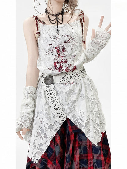 袖付きホワイトデザインカットアウトキャミソールプリントドレスの詳細Y2K