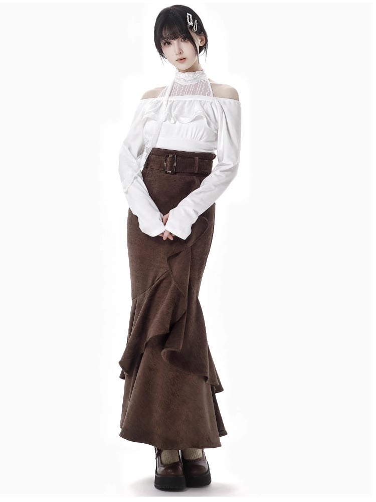 White Slim-Fit Cutout-Shoulder Top with Lace Trim and Thumbhole Cuffs
